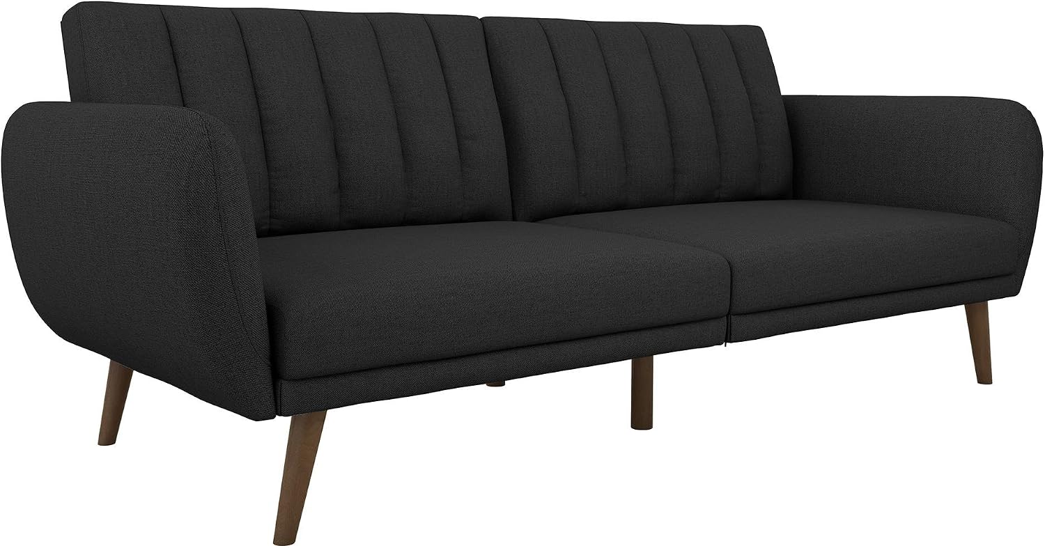 Novogratz Brittany 82 Inch Futon Sofa Bed in Faux Leather, Upholstered Couch Sleeper with Tufted Back, Mid-Century Modern Design, Dark Gray