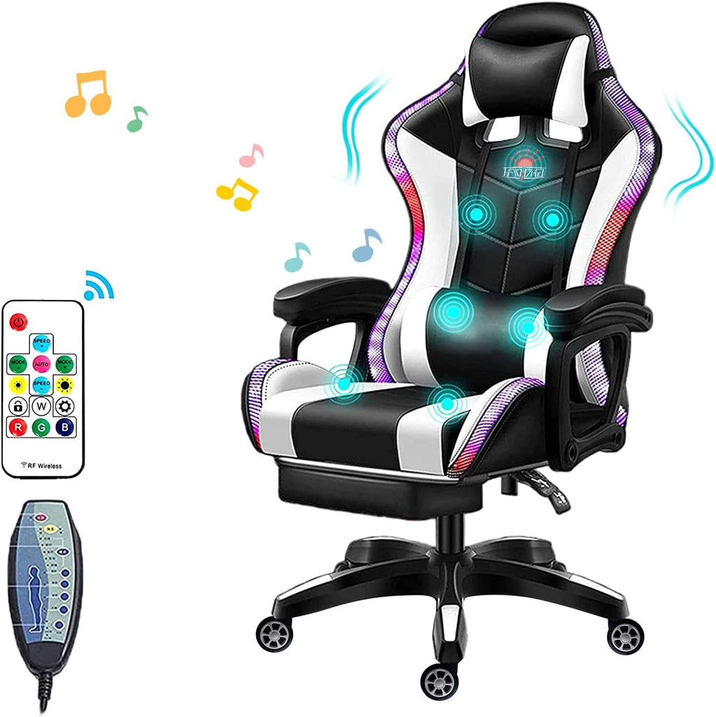 LED Gaming Chairs for Adults with Speakers - Ergonomic Computer Chair with Full Massage, High Back Music Video Game Chair with Footrest and Lumbar Support, PU Leather Silla Gamer,White