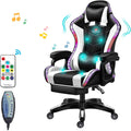 LED Gaming Chairs for Adults with Speakers - Ergonomic Computer Chair with Full Massage, High Back Music Video Game Chair with Footrest and Lumbar Support, PU Leather Silla Gamer,White