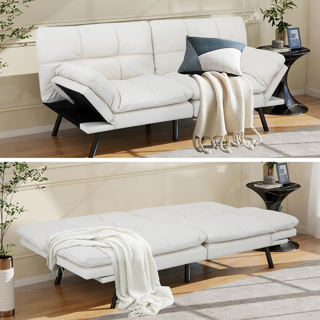 MUUEGM Futon Sofa Bed 71' Ivory Convertible Memory Foam Futon Couch Bed Modern Loveseat Sleeper with Adjustable Backrests Armrests for Living Room,Small Space,Office