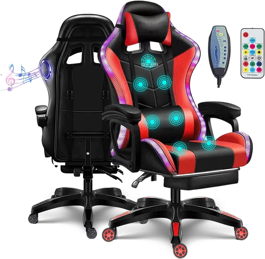 Gaming Chair with LED Light Ergonomic Video Game Chairs with Bluetooth Speakers Adjustable Armrest Height PU Leather Racing Chair Computer Office Swivel Chair for Adult Teens,Red
