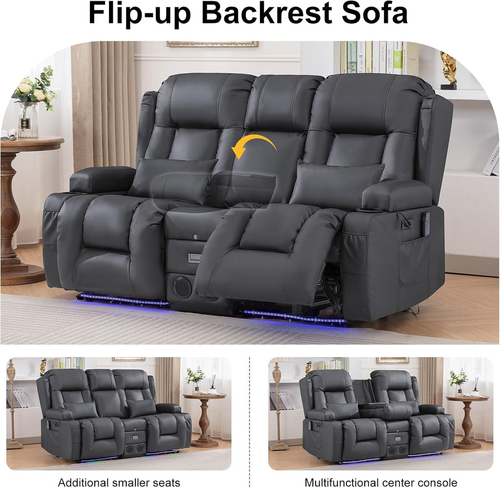TUNYI Power Loveseat Recliner Sofa with Massage & Heat Home Theater Seating with Console RV Recliner Loveseat Sofa with USB/Storage/Side Pocket/LED Light/Speaker (Warm Grey, Loveseat)