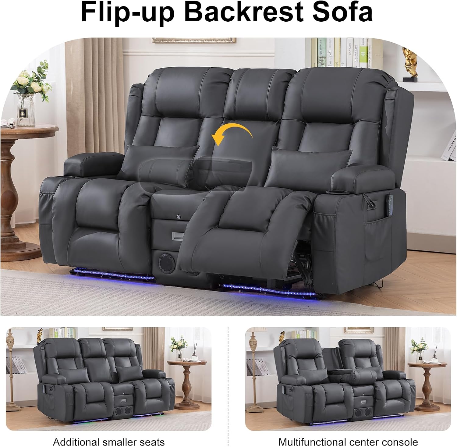 TUNYI Power Loveseat Recliner Sofa with Massage & Heat Home Theater Seating with Console RV Recliner Loveseat Sofa with USB/Storage/Side Pocket/LED Light/Speaker (Warm Grey, Loveseat)
