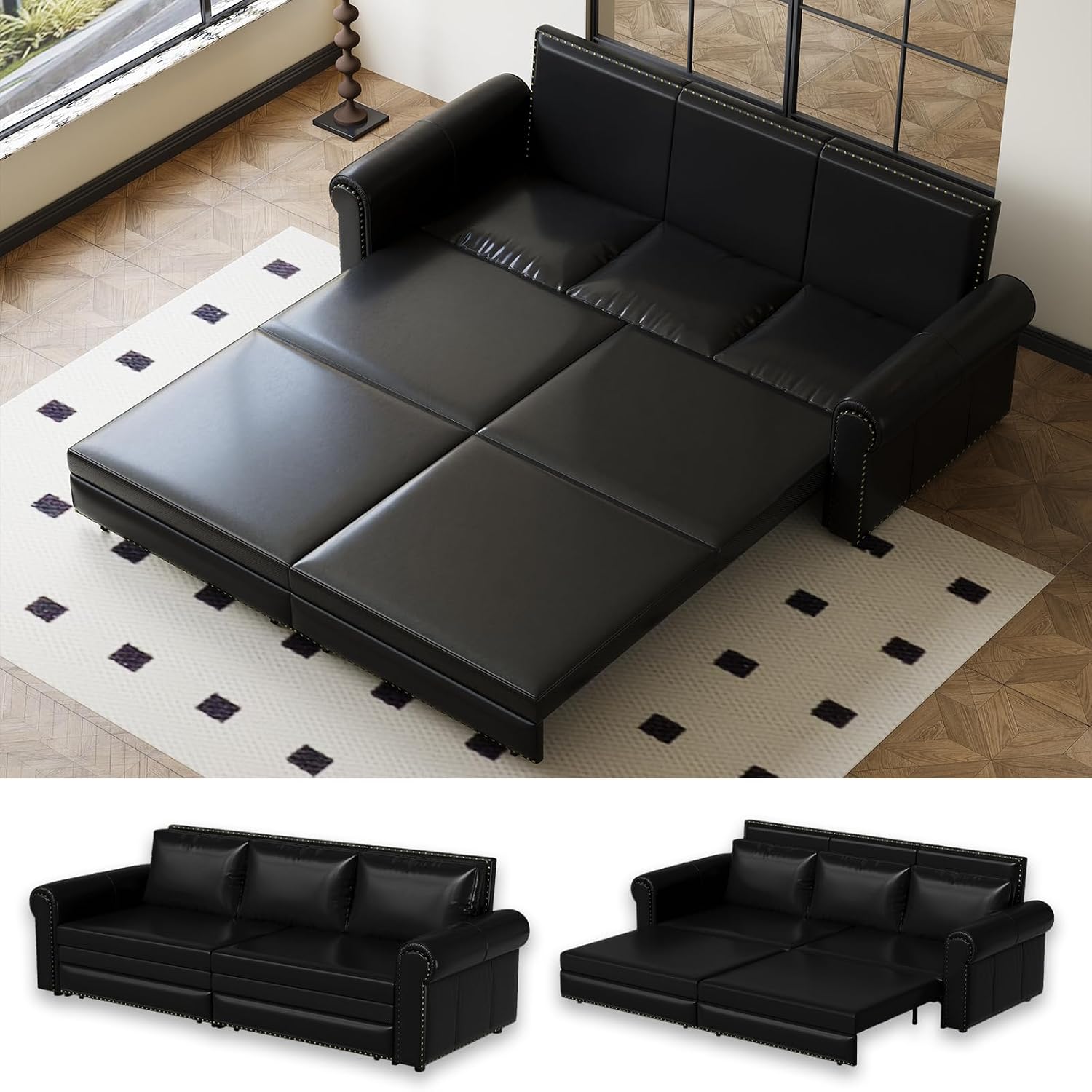 93.7' King Size Sleeper Sofa Bed, Pull Out Sofa Bed, Faux Leather Upholstery, 3 in 1 Convertible Sleeper Couch, Chaise Lounge, Retro Recliner for Living Room, Apartment, Office, Black