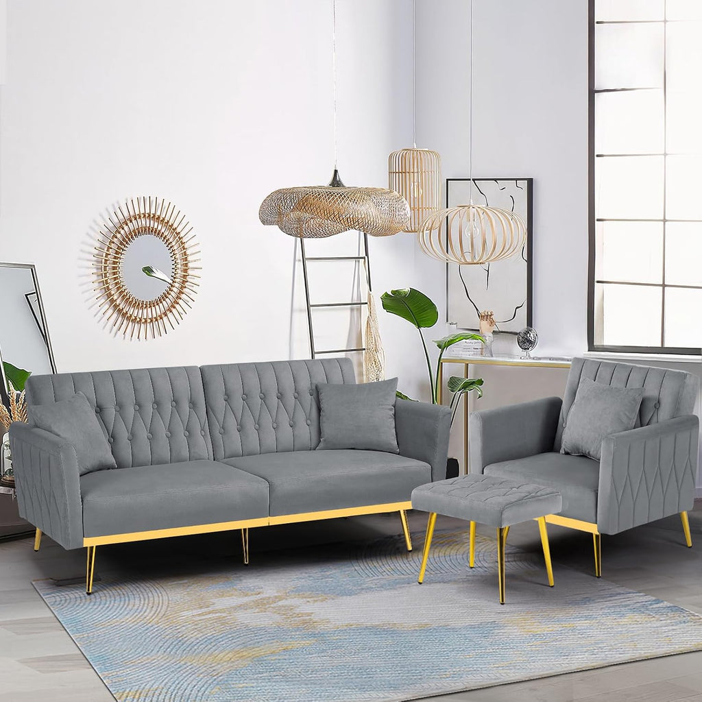 2 Pieces Velvet Sofa Set with Adjustable Armrest and Backrest, 70' Convertible Futon Sofa Bed & Mordern Accent Chair with Ottoman for Living Room, Bedroom, Grey