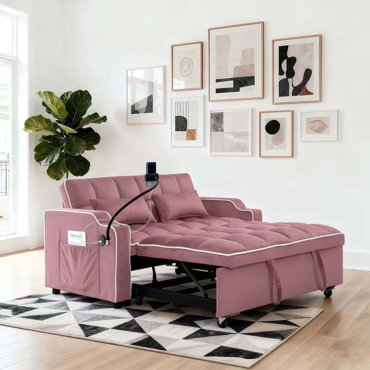 Loveseat Sofa Bed with USB Ports, Phone Holder & Cup Holders | Convertible Futon Couch for Small Spaces, Pull-Out Sleeper Sofa for Living Room & Apartments (Pink)