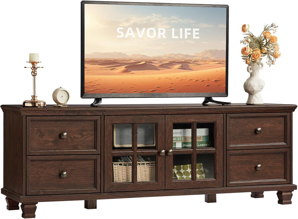 SAVOR LIFE Farmhouse TV Stands for Living Room, Brown Entertainment Center with Storage, Wood TV Console with 4 Drawers, Rustic TV Cabinet for 65 inch TV, Walnut