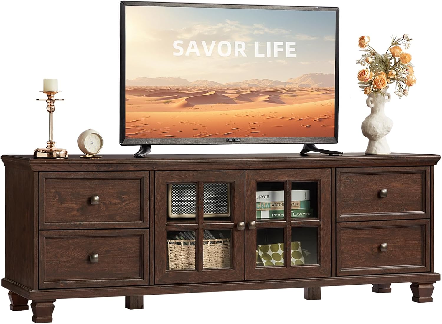 SAVOR LIFE Farmhouse TV Stands for Living Room, Brown Entertainment Center with Storage, Wood TV Console with 4 Drawers, Rustic TV Cabinet for 65 inch TV, Walnut