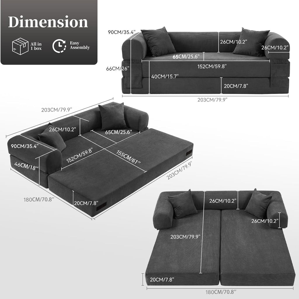 KBQ 3-Seat Convertible Sleeper Sofa Bed with 2 Pillows, Corduroy Folding Mattress Couch, Floor Sofa Lounge Couch for Living Room Bedroom Lounge Studio, Deep Gray