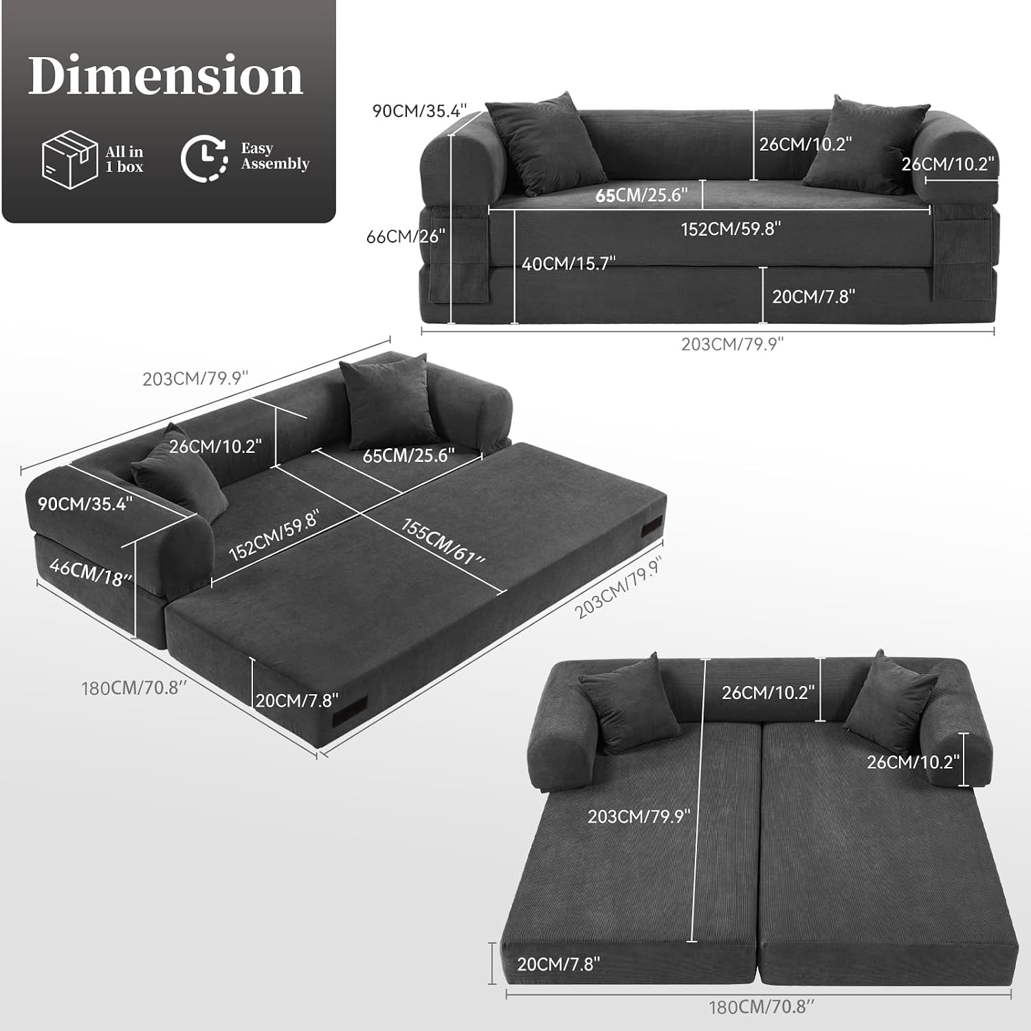 KBQ 3-Seat Convertible Sleeper Sofa Bed with 2 Pillows, Corduroy Folding Mattress Couch, Floor Sofa Lounge Couch for Living Room Bedroom Lounge Studio, Deep Gray