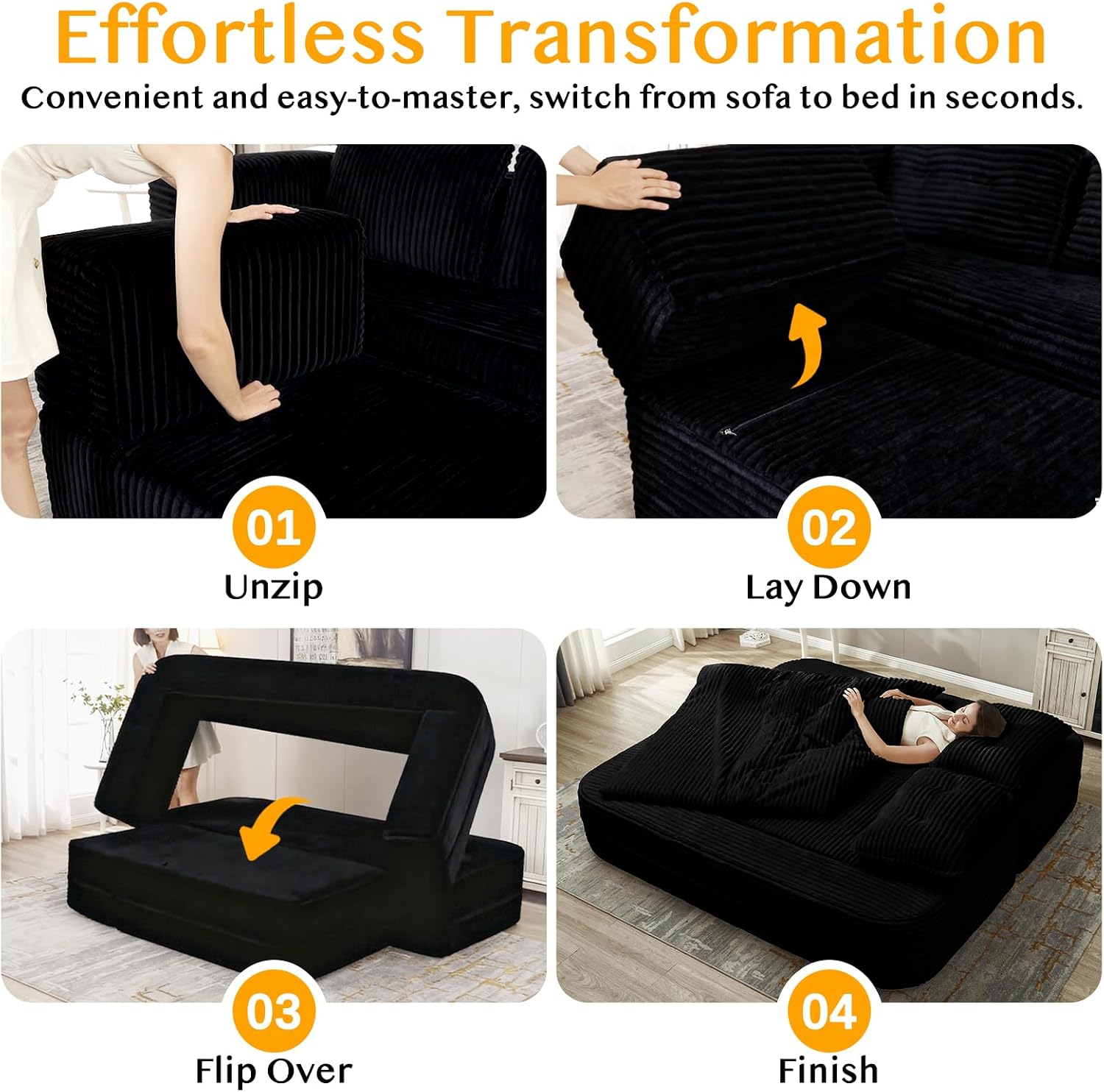 80'' Futon Sofa Bed, King Size Foldable Sleeper Sofa, Corduroy Boneless Loveseat Couch with Chaise Lounge, 3 Pillows, Blanket, Upholstered Sectional Couches for Living Room, Bedroom, Black