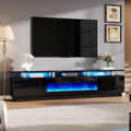 AMERLIFE 90' High Gloss 2 Tier TV Stand with 50' Electric Fireplace, Modern Luxury Large Entertainment Center/w LED Lights, Media Console Table Storage Cabinet for TVs Up to 100', Living Room, Black