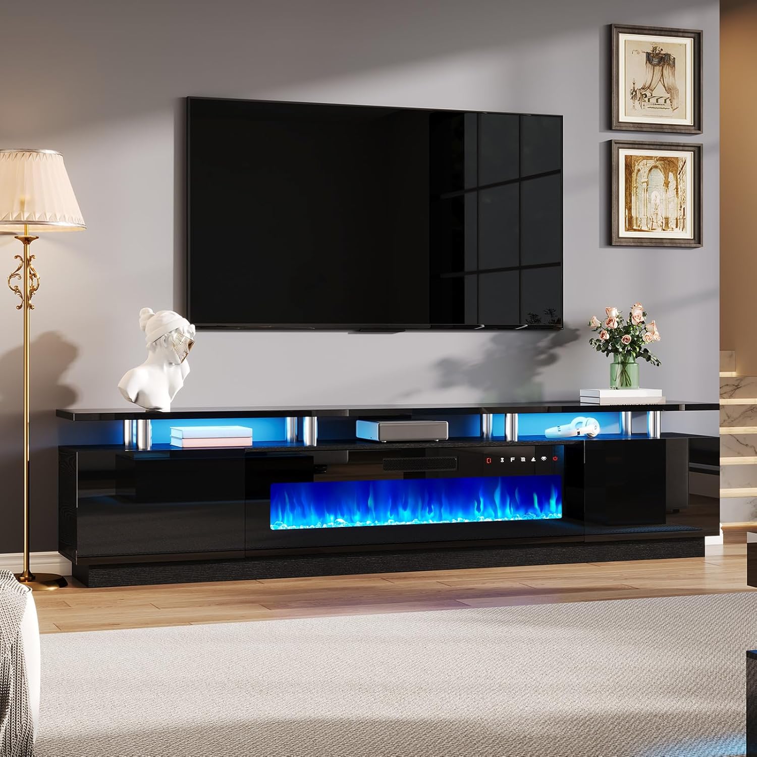 AMERLIFE 90' High Gloss 2 Tier TV Stand with 50' Electric Fireplace, Modern Luxury Large Entertainment Center/w LED Lights, Media Console Table Storage Cabinet for TVs Up to 100', Living Room, Black
