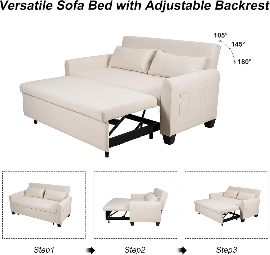 Oversized 3-in-1 Convertible Sleeper Sofa Bed, Futon Couch with Pullout Bed, 2-Seater Loveseat Sofa w/Pockets, Adjustable Backrest and Pillows for Living Room Apartment (White)
