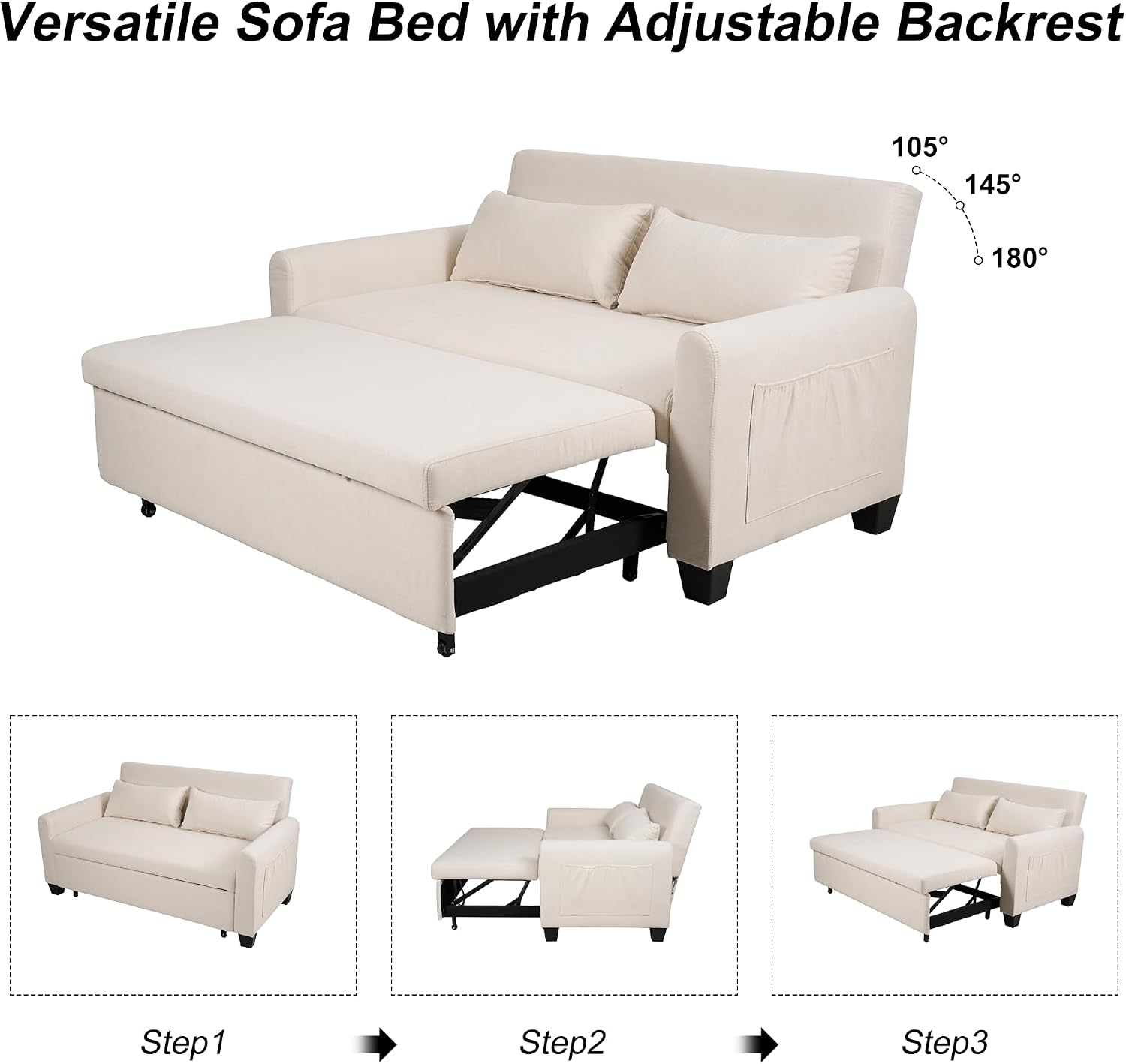 Oversized 3-in-1 Convertible Sleeper Sofa Bed, Futon Couch with Pullout Bed, 2-Seater Loveseat Sofa w/Pockets, Adjustable Backrest and Pillows for Living Room Apartment (White)