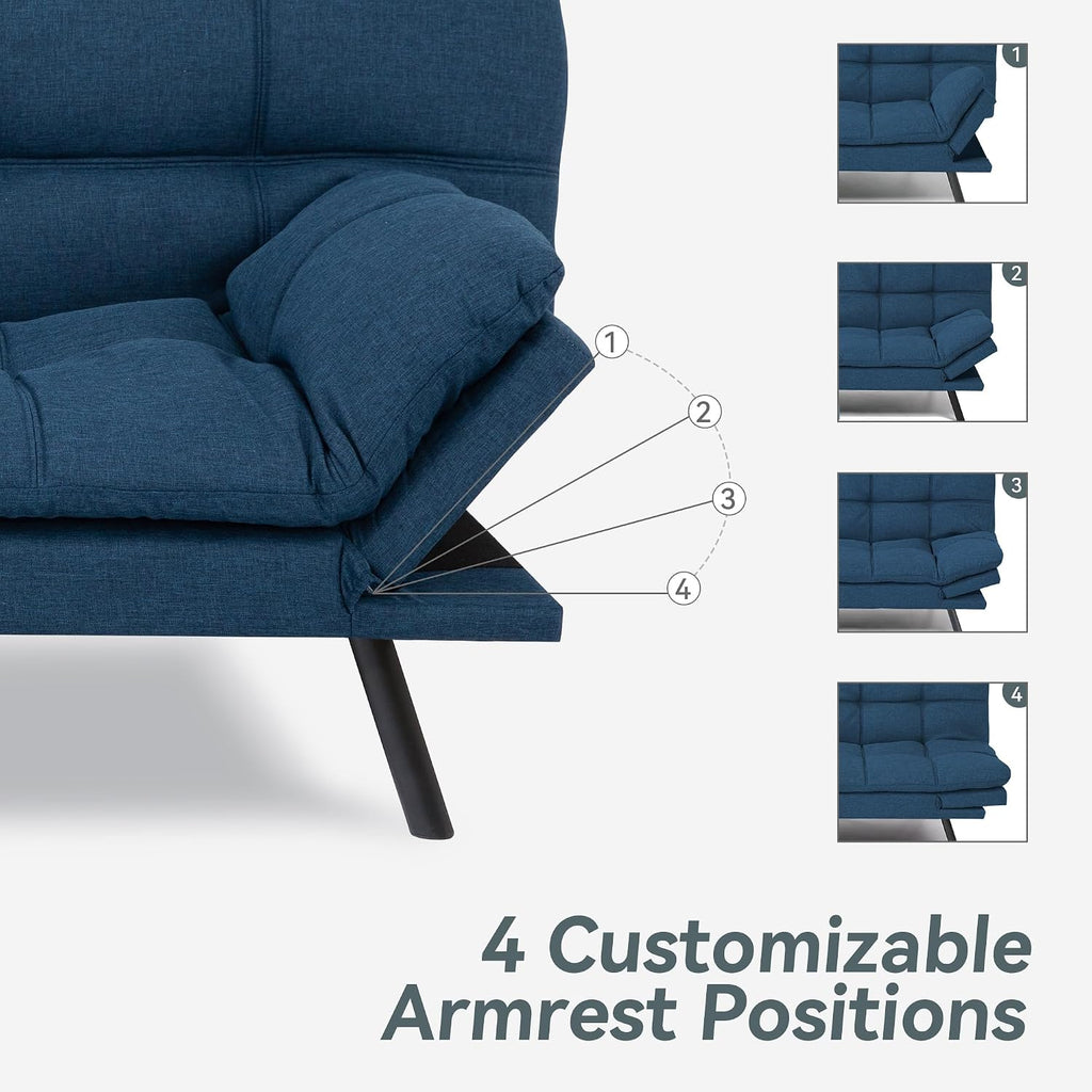 Futon Sofa Bed Convertible Couch, Blue Linen Sofa Bed with Memory Foam, Adjustable Backrest & Armrests, Multifunctional Small Loveseat Sleeper Sofa for Living Room, Apartment, Office