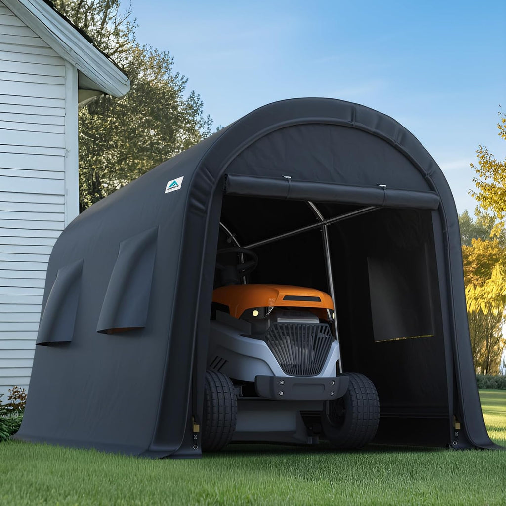 ADVANCE OUTDOOR 7x12 ft Shelter Storage Shed Steel Metal Round Peak Roof Portable Garage Carport for Motorcycle, Boat, or Garden Tools with 2 Roll up Doors & Vents, Gray