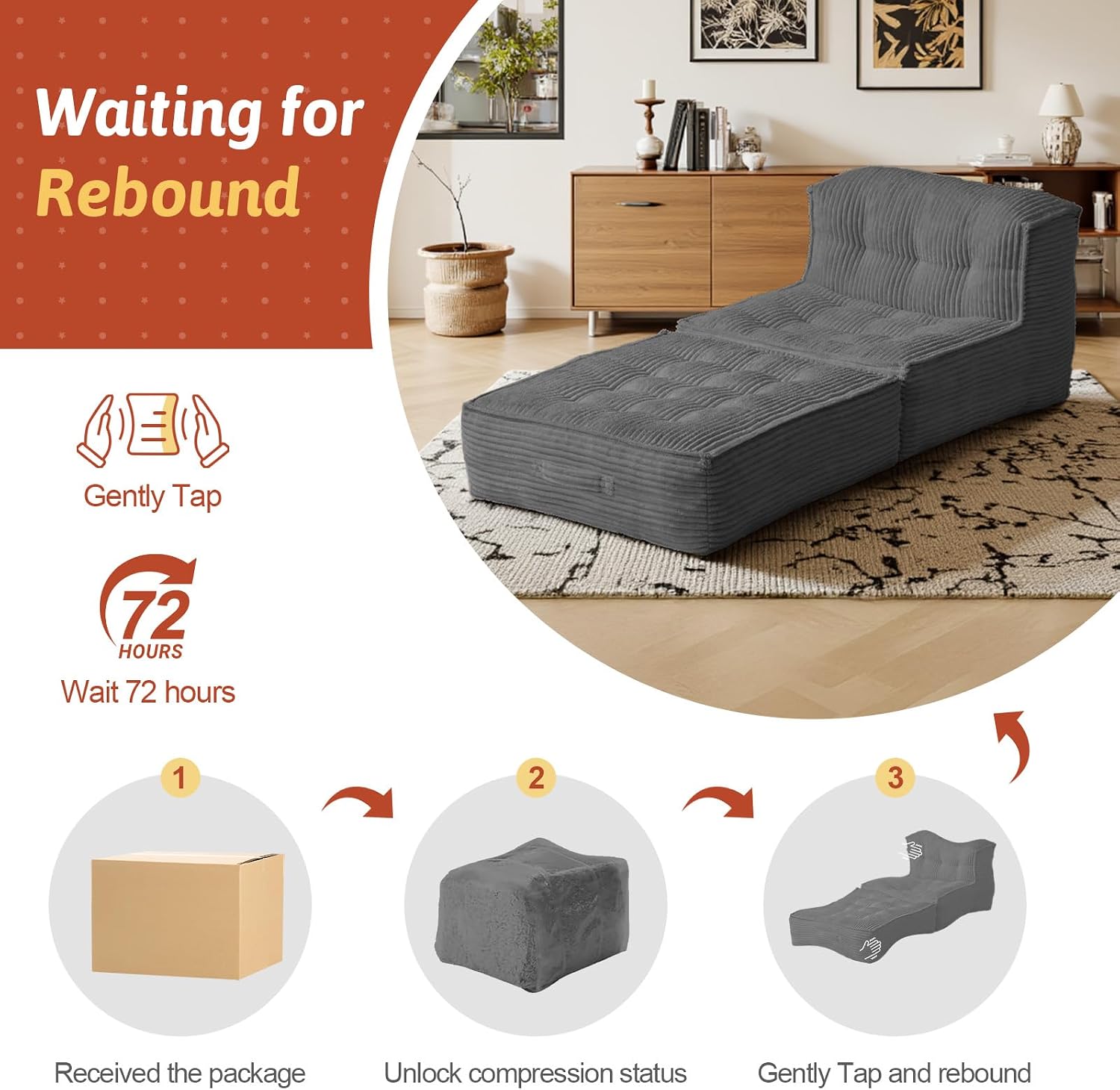 5-in-1 Convertible Folding Sofa Bed, Frameless Convertible Couch with Handles & Non-Slip Base, Premium Corduroy Floor Sofa with High-Density Shredded Foam for Living Room Apartment Dorm Home Theater