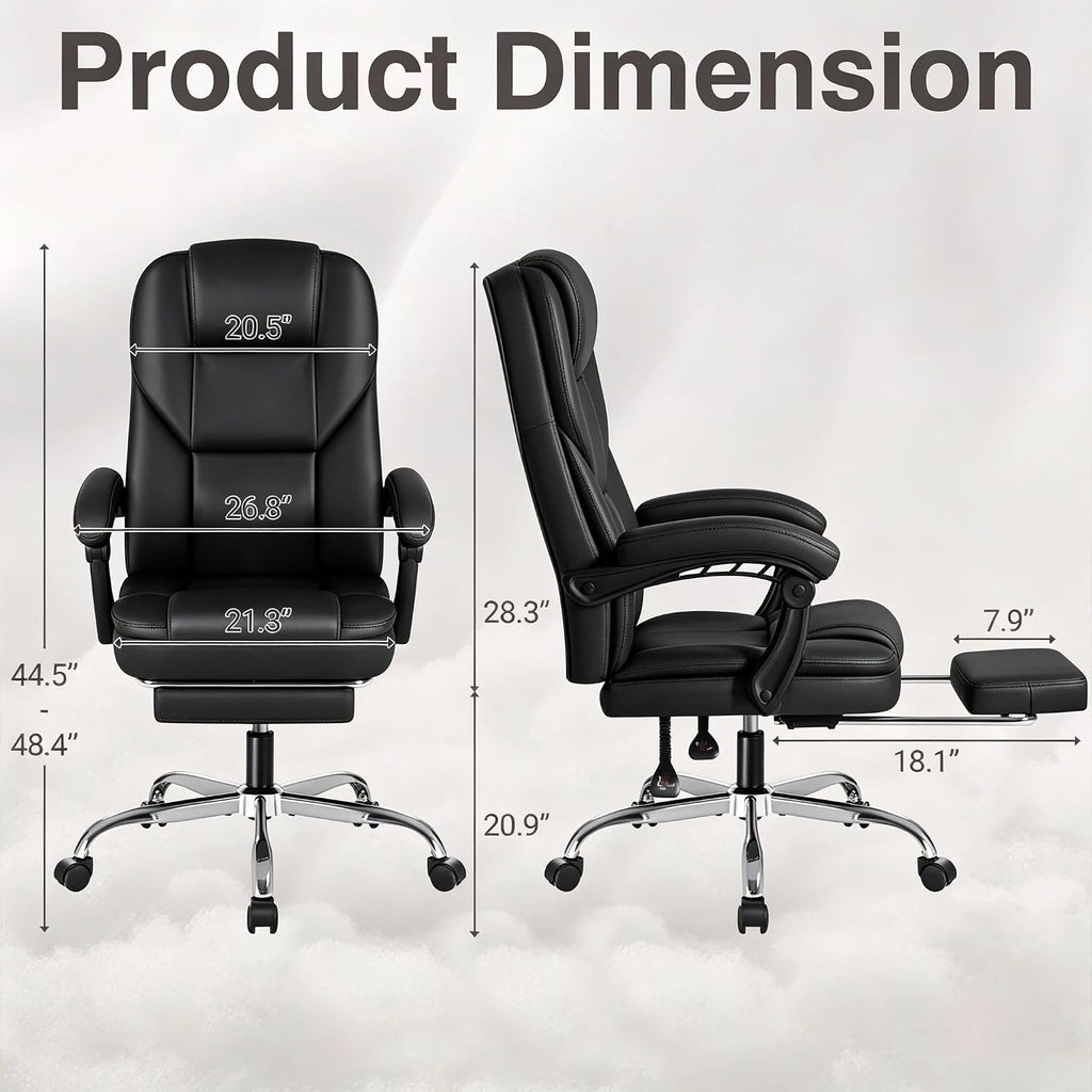 Shahoo Executive Office Chair with Massage, Ergonomic Reclining High Back Leather Seats with Footrest and Lumbar Support, Big and Tall, 400Lbs Heavy Duty, Dark Black