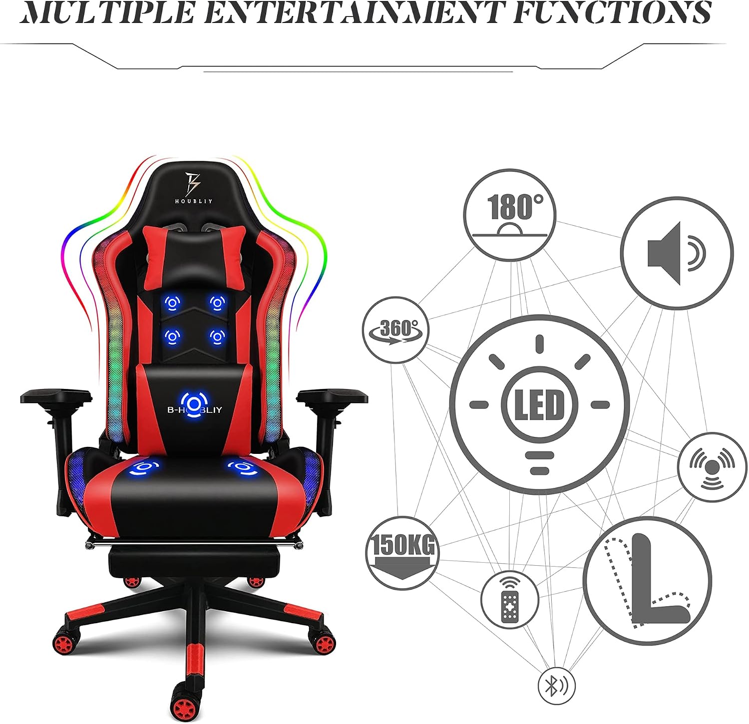 Massage Gaming Chair with Footrest and LED Lights, PU Leather Computer Game Chair with Speakers 4D Armrests Lumbar Pillow 360° Swivel Ergonomic High Back Gamer Chair for Adults Teens,Black