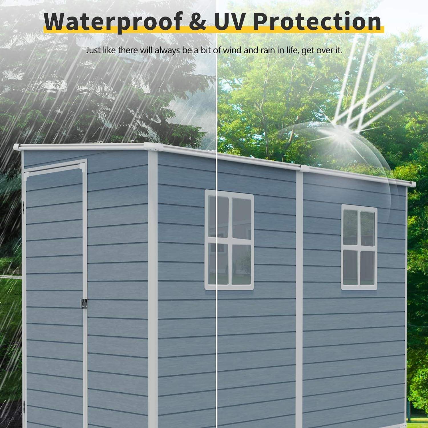 YOPTO 4x8 FT Outdoor Storage Shed Plastic Shed W/Floor,Resin Lean to Shed W/ 2 Windows & Lockable Door,Garden Tool House W/Air Vent & Sloped Roof,All Weather Waterproof for Backyard,Patio,Lawn,Grey