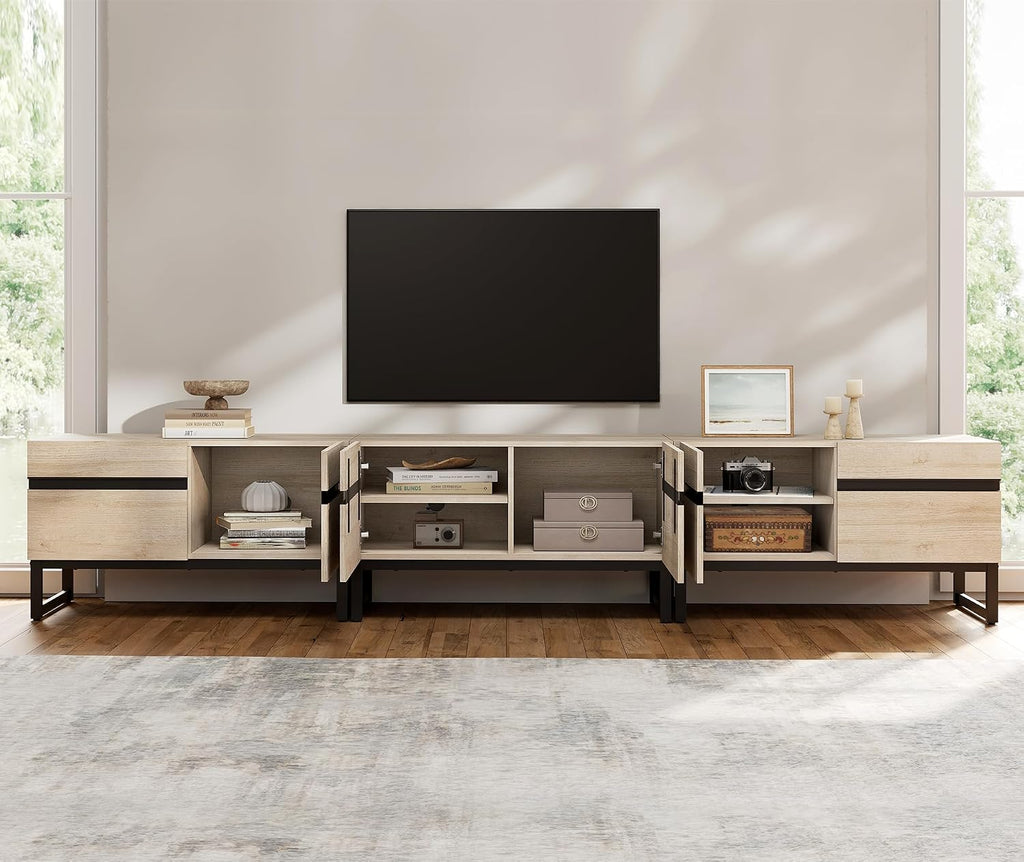 WAMPAT Modern TV Stand for 32-110 Inch TVs, Wood Entertainment Center with Metal Base Storage Cabinets, Media TV Console for Living Room, Light Oak, 3Pcs