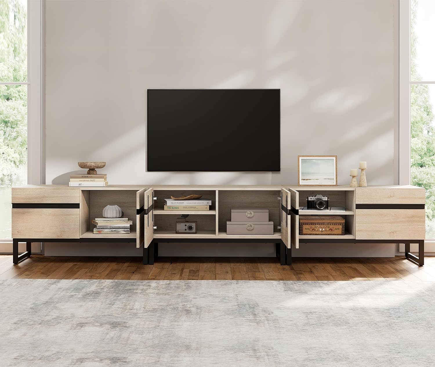 WAMPAT Modern TV Stand for 32-110 Inch TVs, Wood Entertainment Center with Metal Base Storage Cabinets, Media TV Console for Living Room, Light Oak, 3Pcs