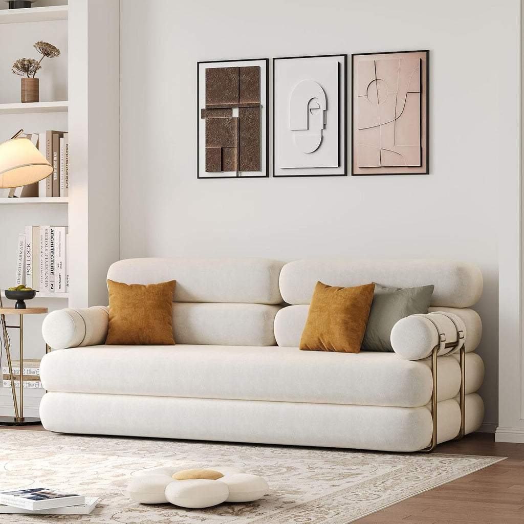 homary Velvet Futon Sofa Bed, 81' Convertible Sleeper Couch with Detachable Bolster Pillows, Stainless Steel Legs, Modern 3-Seater Sofa for Living Room, Apartment & Small Spaces (White)