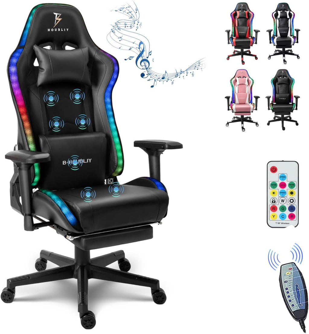 Gaming Chair High-Back Big and Tall Game Chair with Speakers and LED Lights Ergonomic Gamer Chair with 7-Point Massage Function for Adults Office Chair Recliner Chair with Footrest,Black