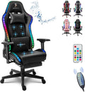 Gaming Chair High-Back Big and Tall Game Chair with Speakers and LED Lights Ergonomic Gamer Chair with 7-Point Massage Function for Adults Office Chair Recliner Chair with Footrest,Black