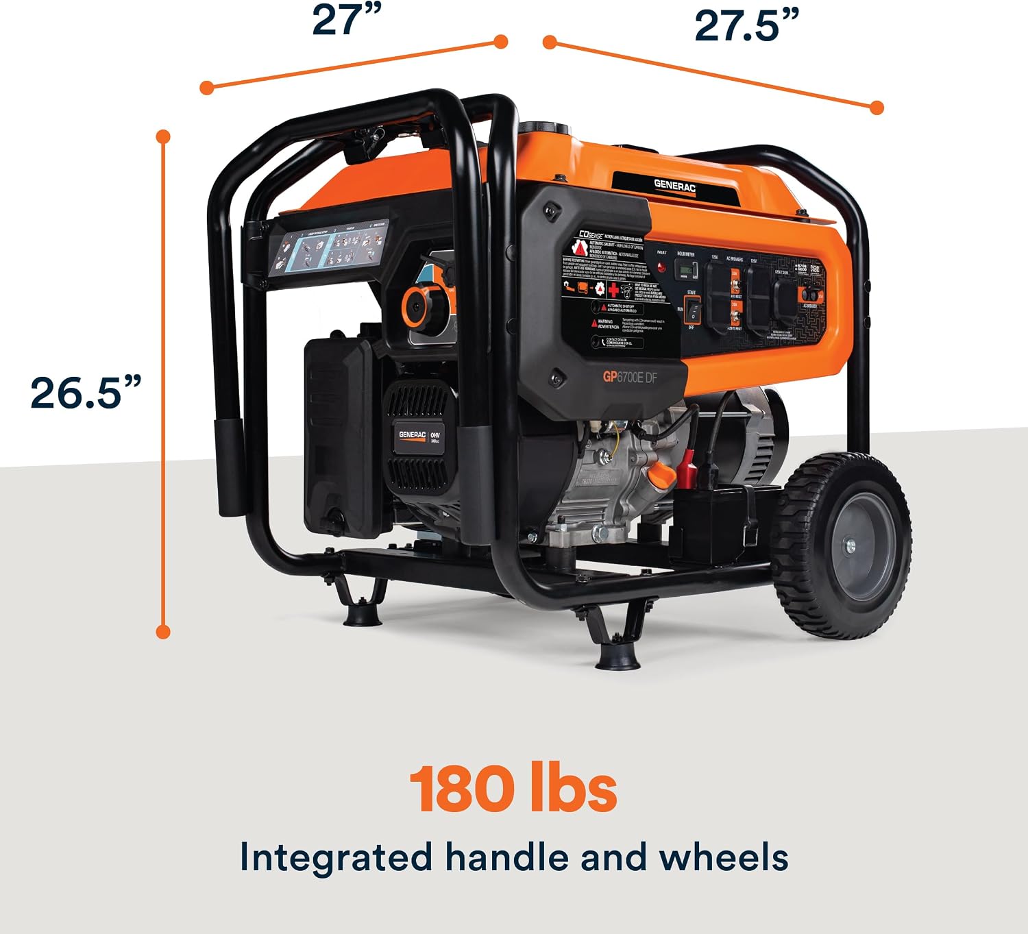 Generac Dual Fuel Portable Gas Generator, 8,250 Starting Watts, Electric Start, COsense Carbon Monoxide Detection, 11 Hour Runtime, Gas Propane, Heavy Duty Frame, Home Backup Emergency, CARB Compliant
