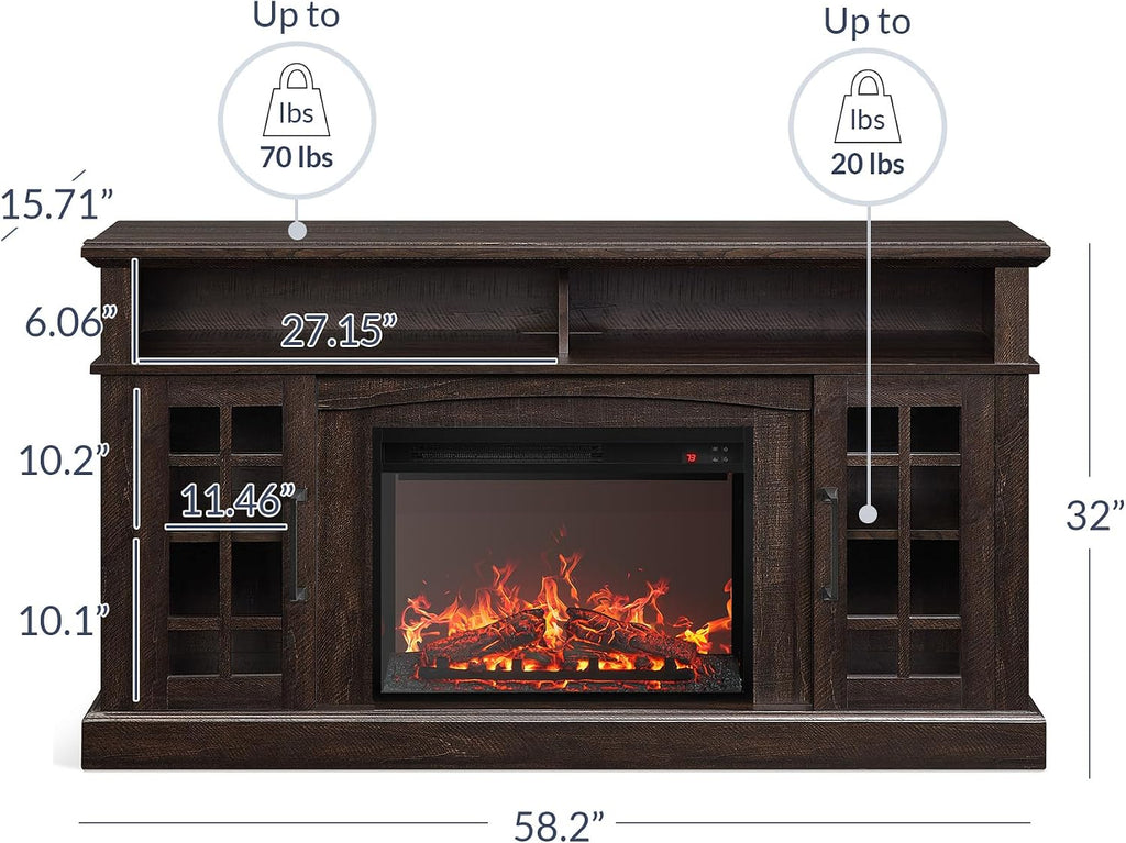 BELLEZE Traditional 58' Rustic TV Stand with 23' Electric Fireplace Heater with Sound, Media Entertainment Center Console Table for TV up to 65' with Open Storage Shelves and Cabinets - Espresso