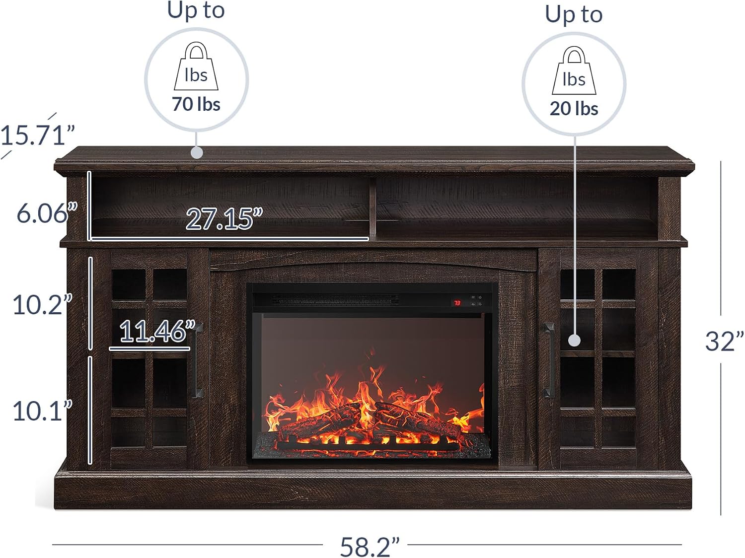 BELLEZE Traditional 58' Rustic TV Stand with 23' Electric Fireplace Heater with Sound, Media Entertainment Center Console Table for TV up to 65' with Open Storage Shelves and Cabinets - Espresso