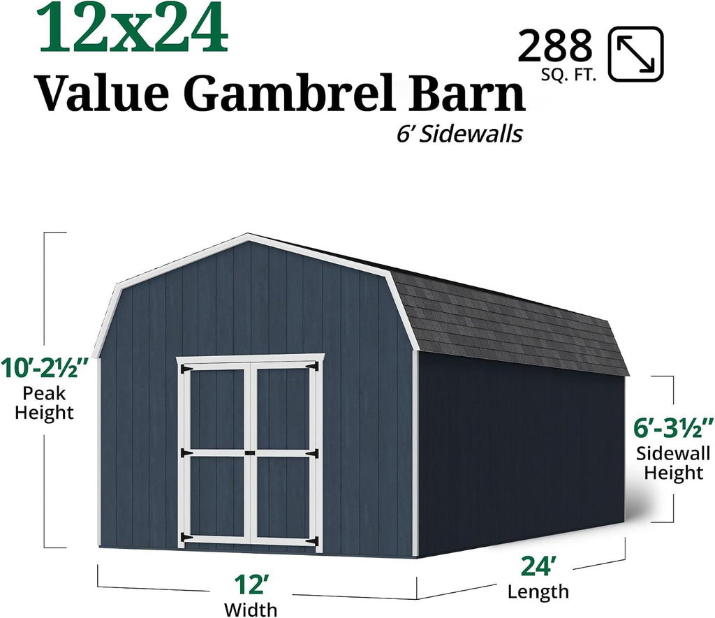 Little Cottage Co. 12x24 Value Gambrel Barn with 6 ft. Sidewalls with Floor, Outdoor Wood Storage Shed Do-It-Yourself Precut Kit