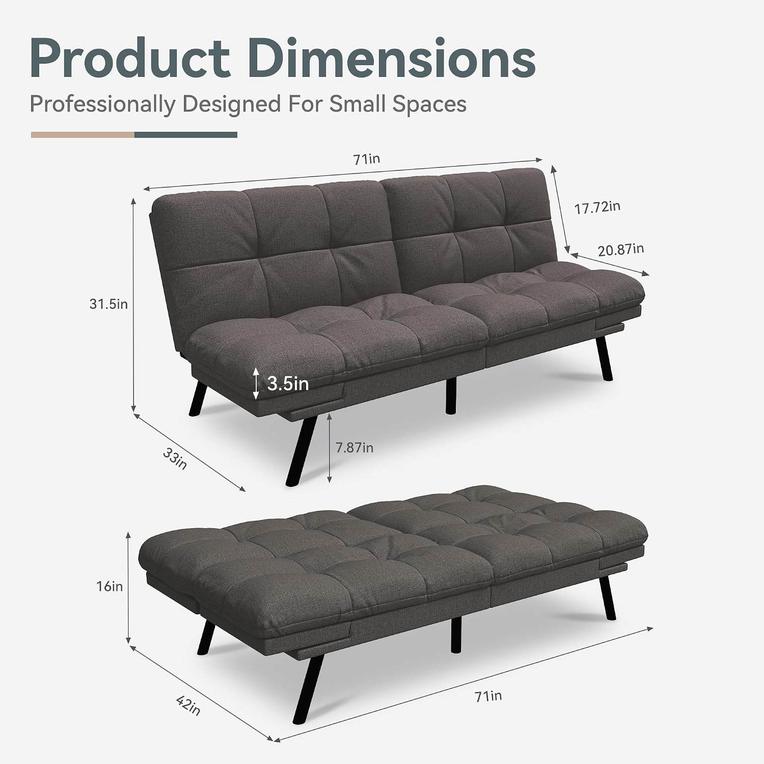 Futon Sofa Bed Convertible Couch, Grey Linen Sofa Bed with Memory Foam, Adjustable Backrest & Armrests, Multifunctional Small Loveseat Sleeper Sofa for Living Room, Apartment, Office