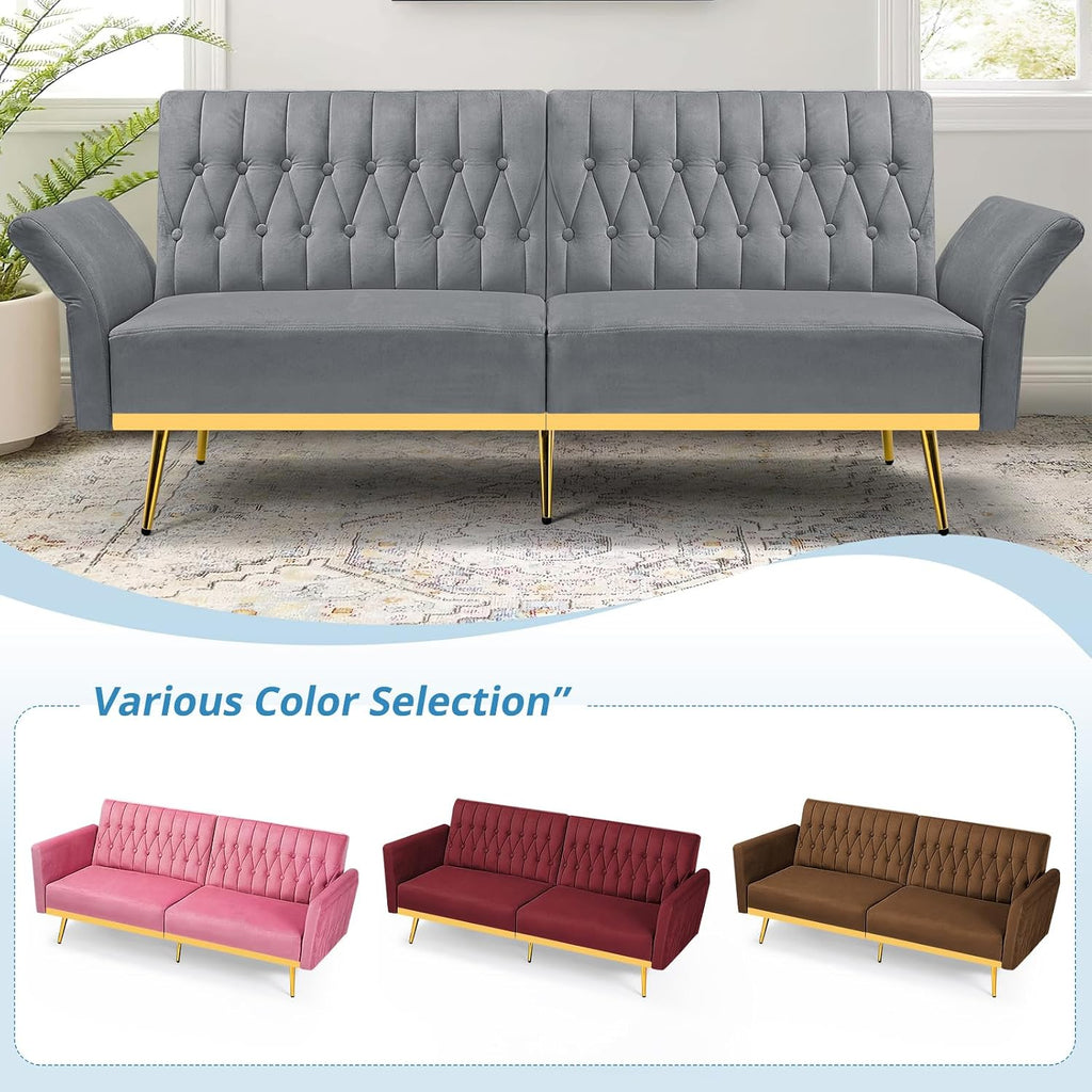 2 Pieces Velvet Sofa Set with Adjustable Armrest and Backrest, 70' Convertible Futon Sofa Bed & Mordern Accent Chair with Ottoman for Living Room, Bedroom, Grey