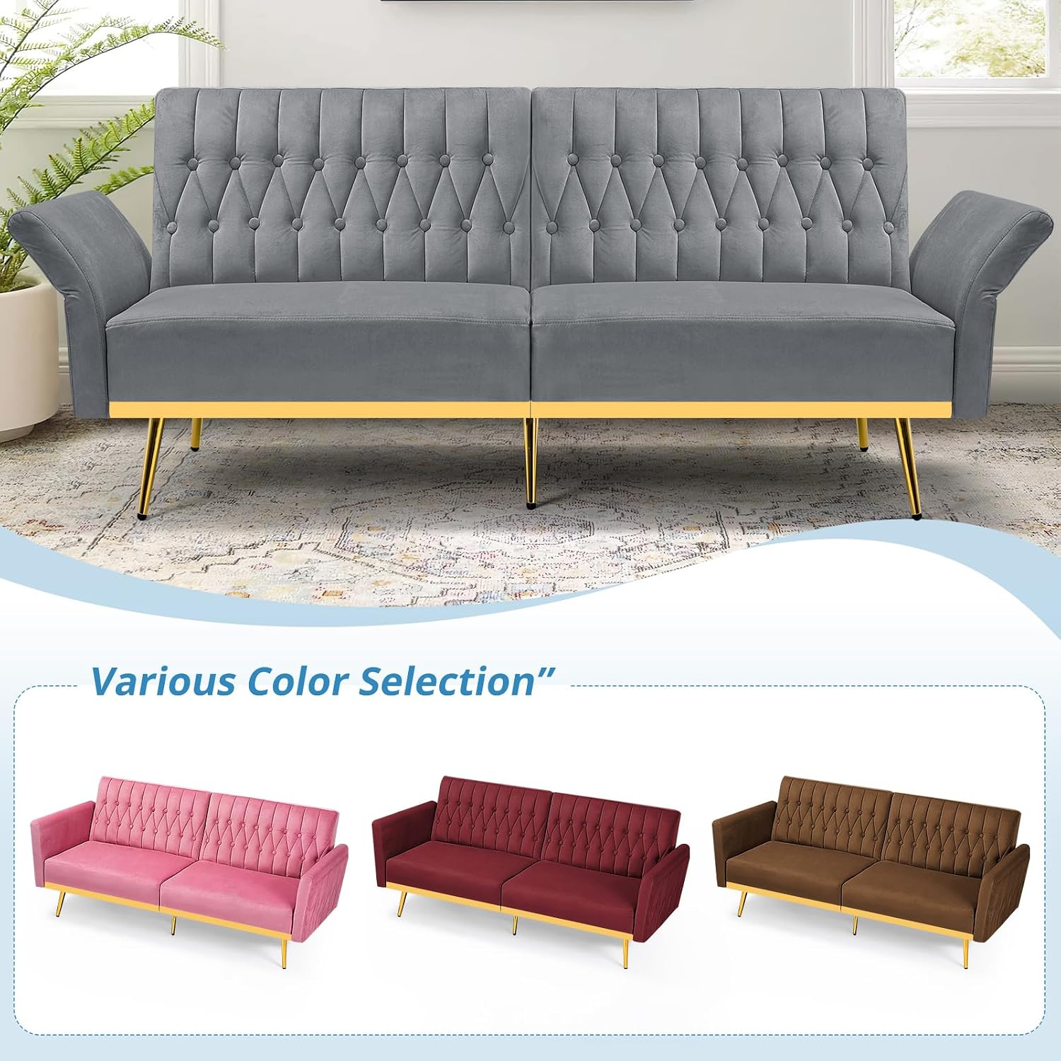 2 Pieces Velvet Sofa Set with Adjustable Armrest and Backrest, 70' Convertible Futon Sofa Bed & Mordern Accent Chair with Ottoman for Living Room, Bedroom, Grey