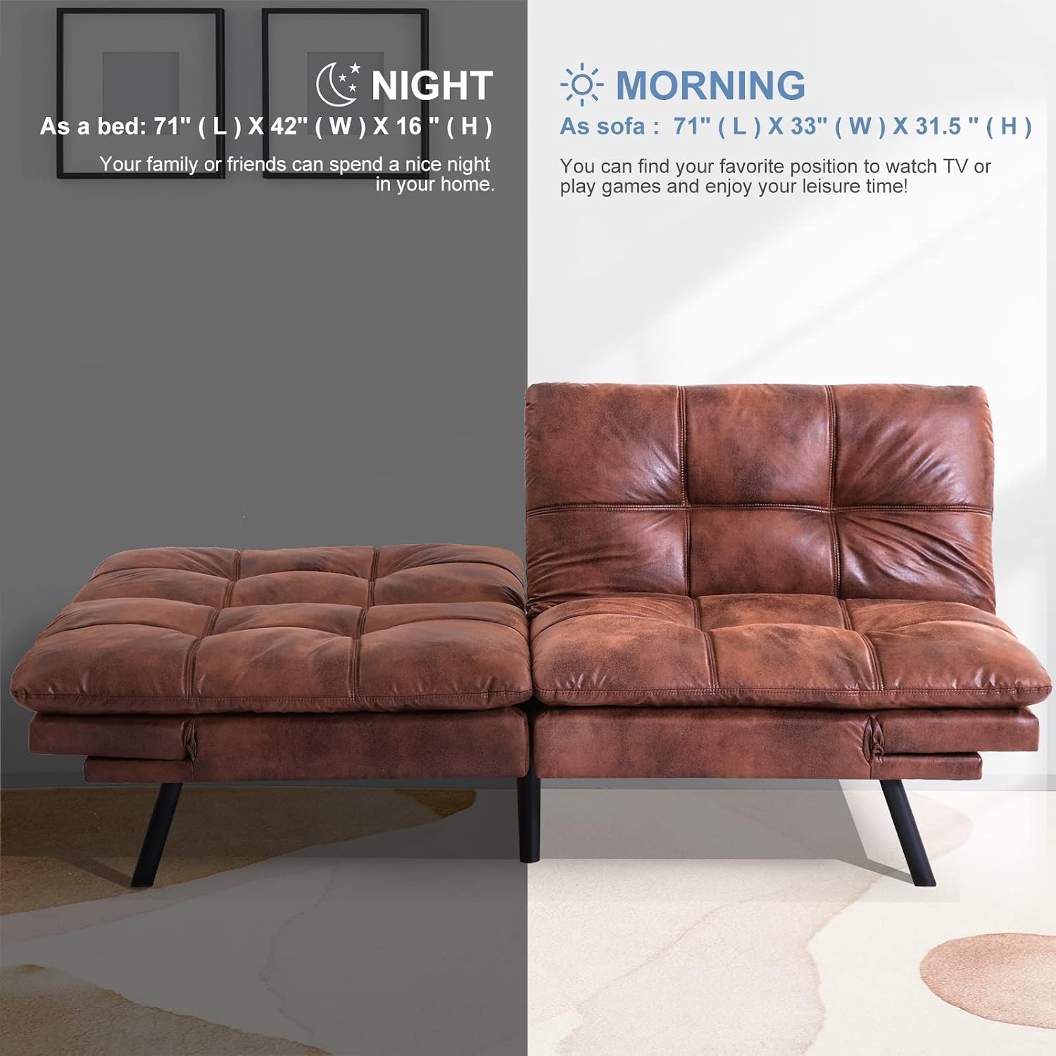 MUUEGM Convertible Futon Sofa Bed, Couch Sleeper Foldable, Loveseat Modern PU Leather and Memory Foam with Armrests&Backrest Adjustable, Recliner Lounge for Living Room, Small Space, Brown