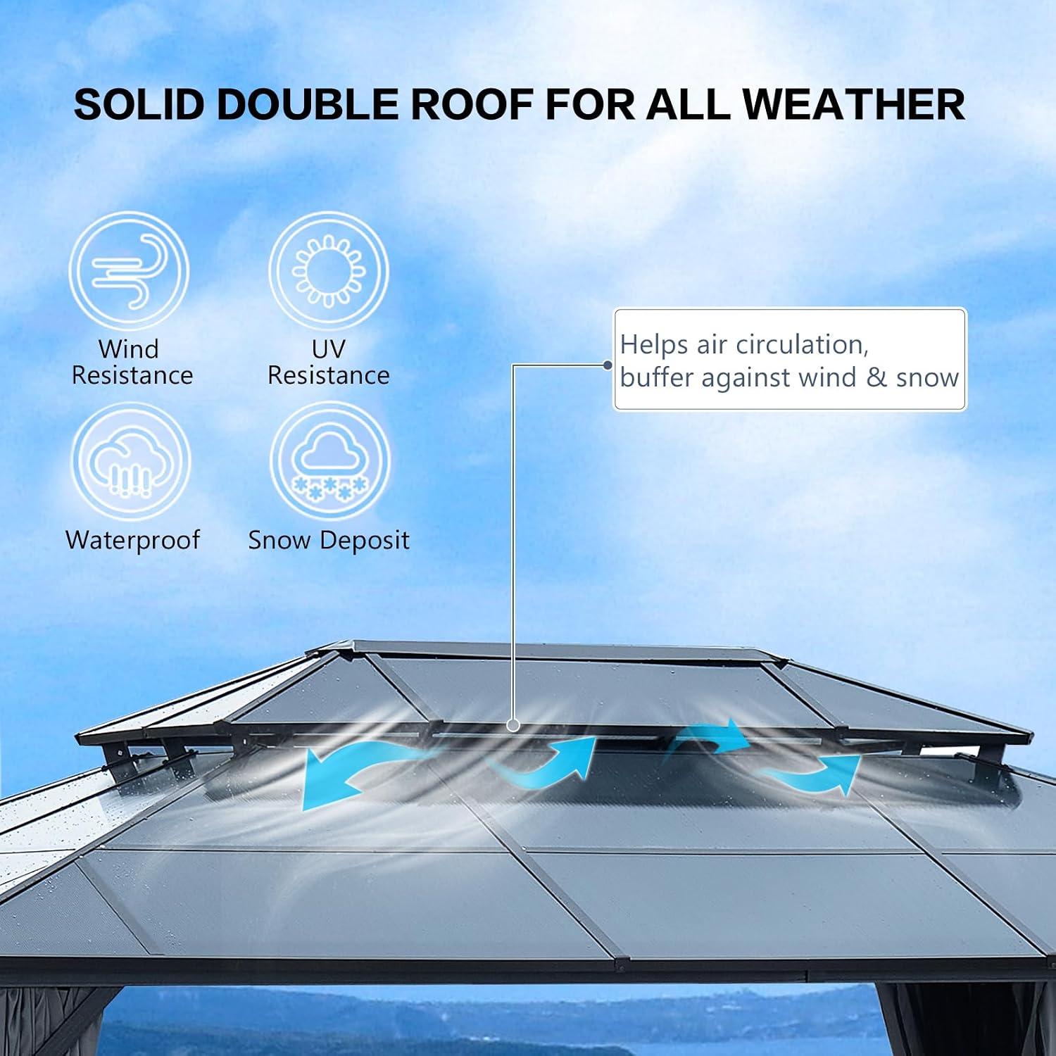 12' x 16' Gazebo Polycarbonate Double Roof Canopy Outdoor Aluminum Frame Pergola, Permanent Pavilion with Netting and Curtains for Garden Patio Lawns Parties