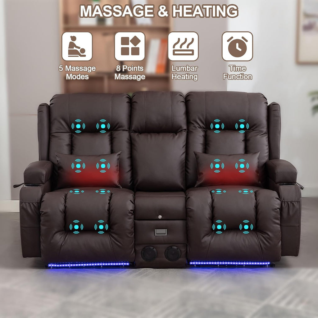 TUNYI Power Loveseat Recliner Sofa with Massage & Heat Home Theater Seating with Console RV Recliner Loveseat Sofa with USB/Storage/Side Pocket/LED Light/Speaker (Brown, Loveseat)