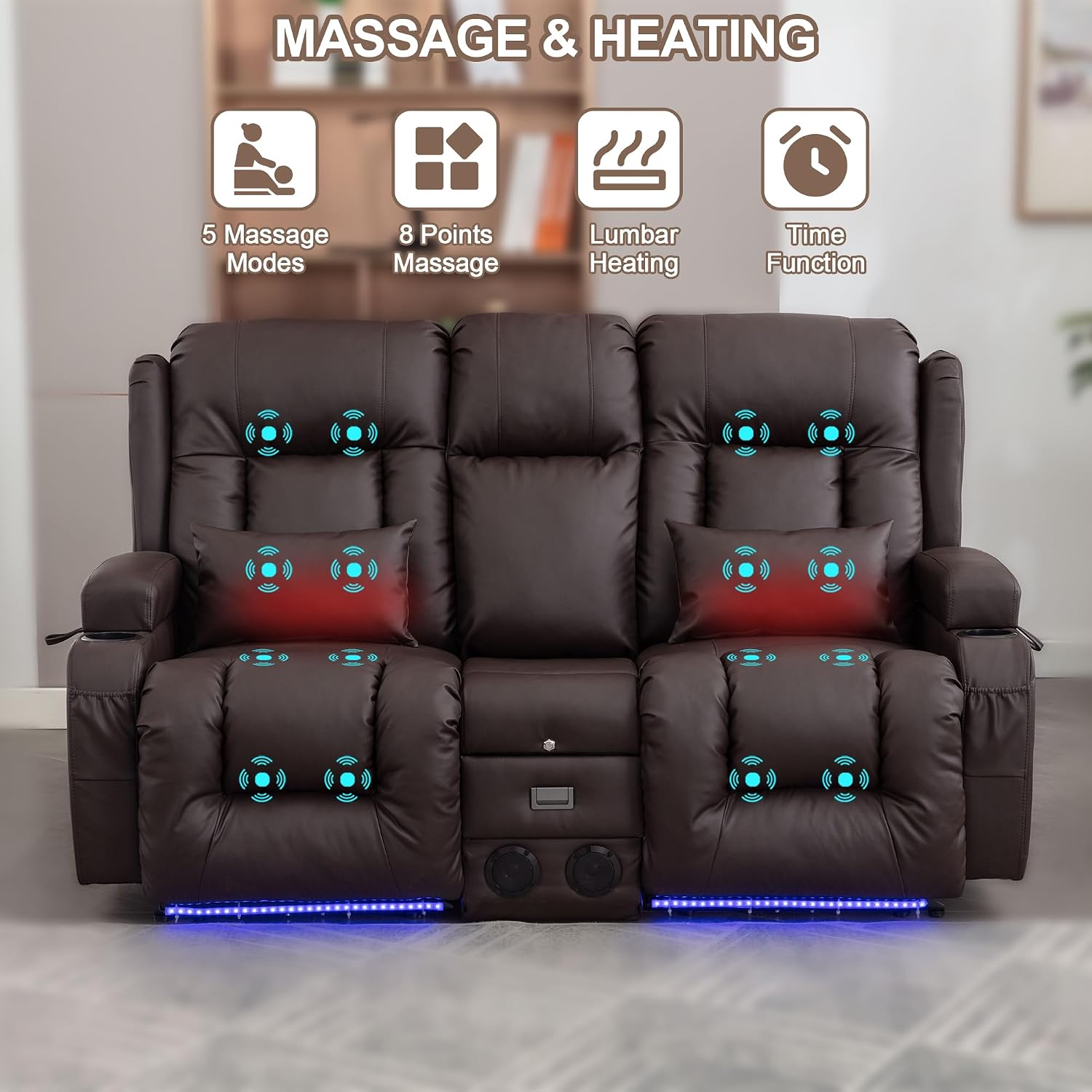 TUNYI Power Loveseat Recliner Sofa with Massage & Heat Home Theater Seating with Console RV Recliner Loveseat Sofa with USB/Storage/Side Pocket/LED Light/Speaker (Brown, Loveseat)