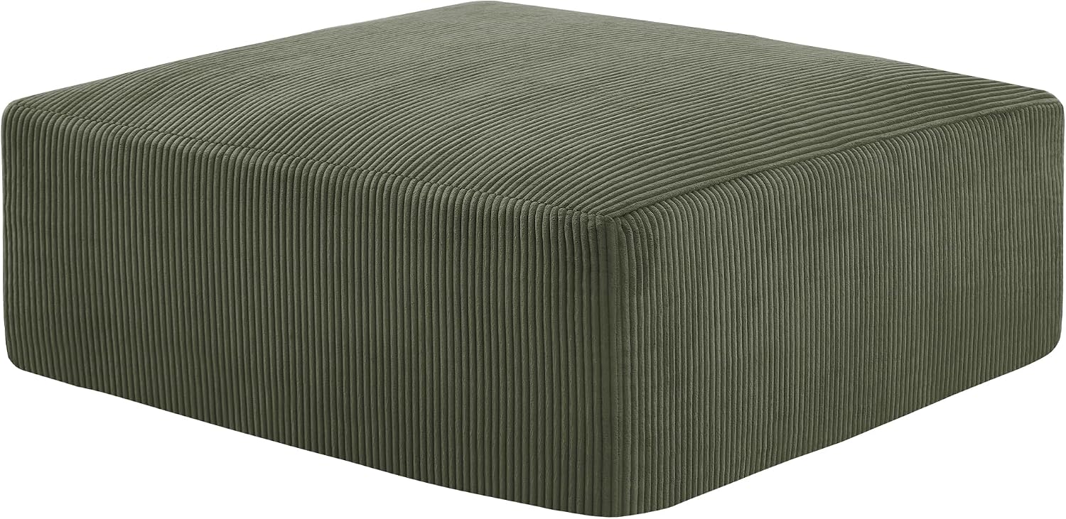Gericco 113' Modular Sectional Couch, Cloud Boneless Sofa with Deep Seats, Upholstered Corduroy Square Stuffed Ottoman Pouf, 40 * 40 Inch Furry & Fluffy Movable Foot Stool for Living Room, Green