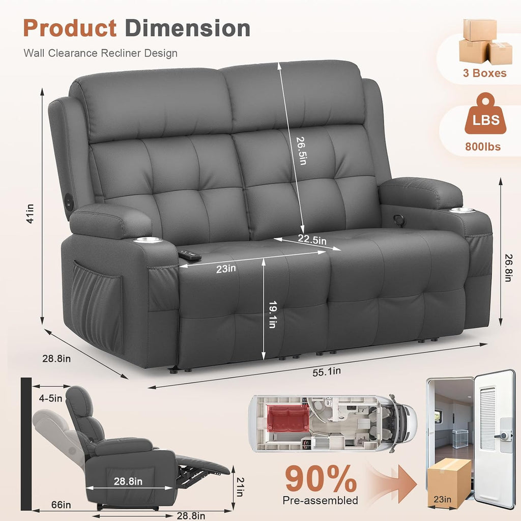 RV Loveseat Recliner Sofa, Massage Wall Hugger Recliners Couch with USB Port, Side Pockets, Cup Holders, 150° Reclining Sleeper, for RV Furniture & RV Camper & Home Theater Seating