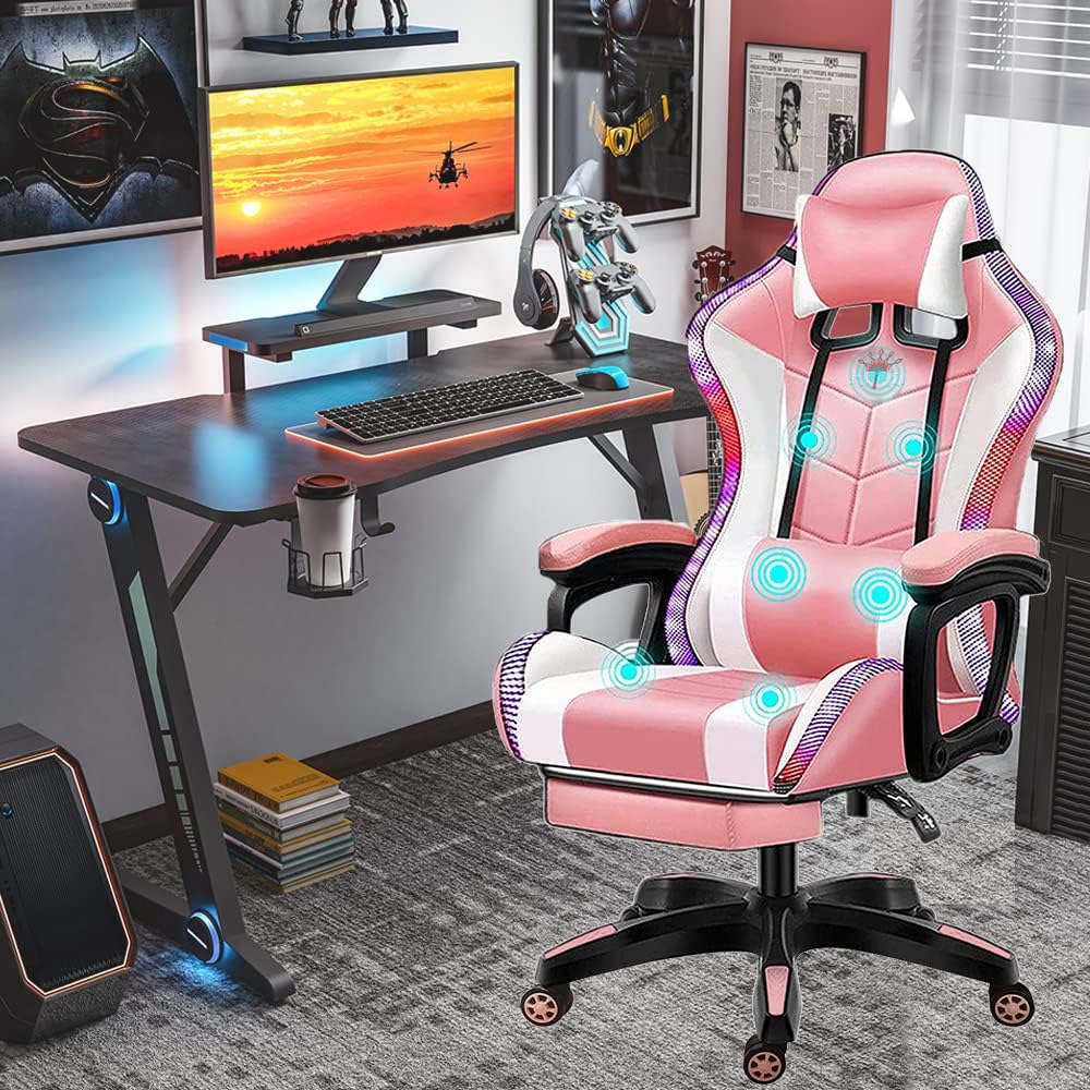 Ergonomic Gaming Chair with Massage, Computer Chair with Footrest, Big and Tall Gaming Chair for Adults, Reclining Desk Gamer Chair, High Back Gaming Chair, E-Sports Gamer Chair,Pink…