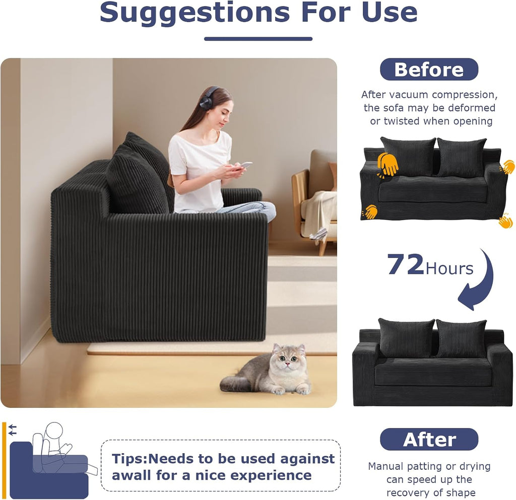 Convertible Sofa Bed, Boneless Couch Loveseat Sleeper, 2 in 1 Folding Couch Bed, Fold Out Comfy Floor Futon Sofa with Pillows for Living Room Bedroom, Black