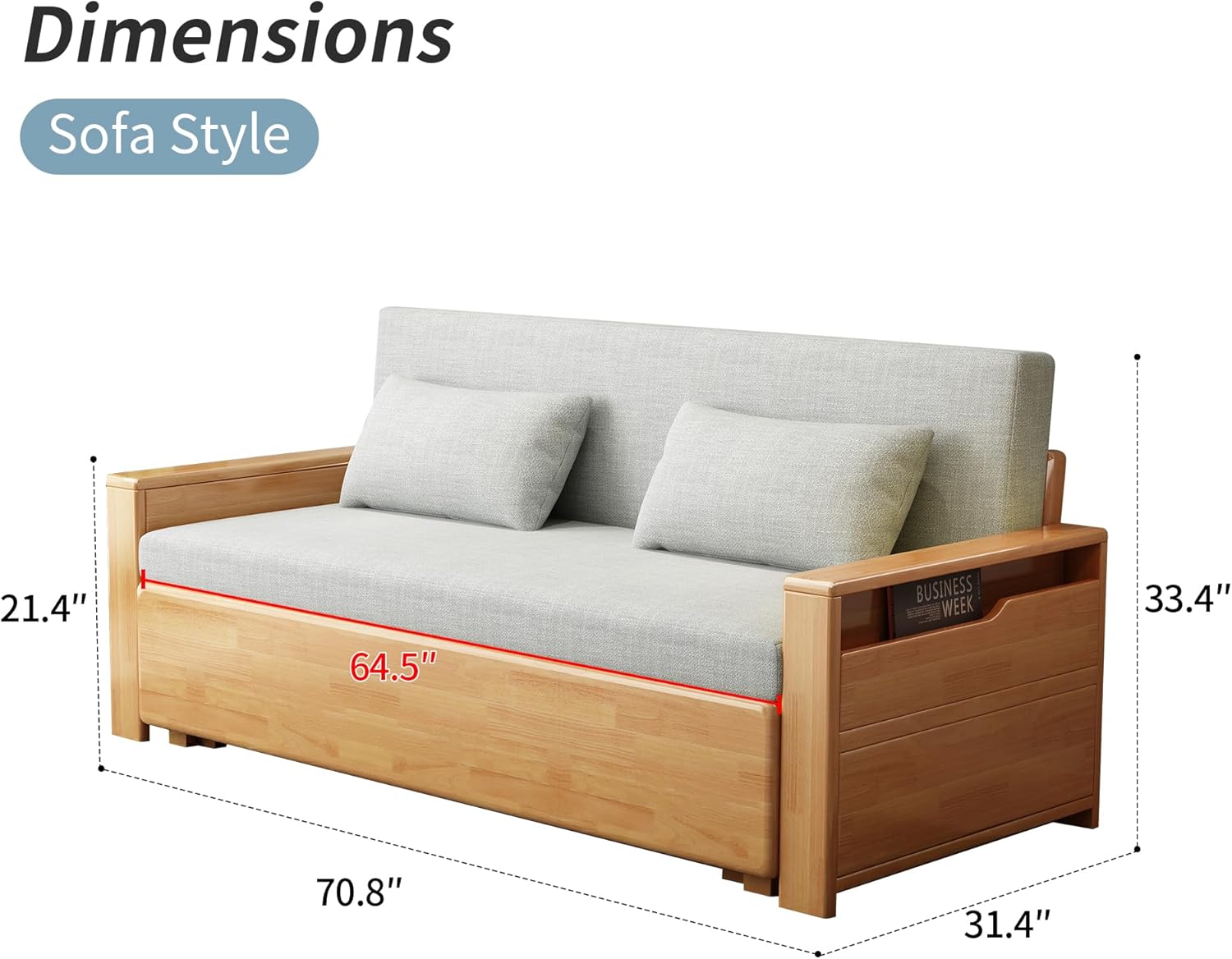 71'queen convertible sofa sleeper,grey cushion sectional sleeper with reversible chaise,wood couch bed 3 in 1 pull out sofa bed,log color sofa for livingroom,apartment,bedroom,office with storage