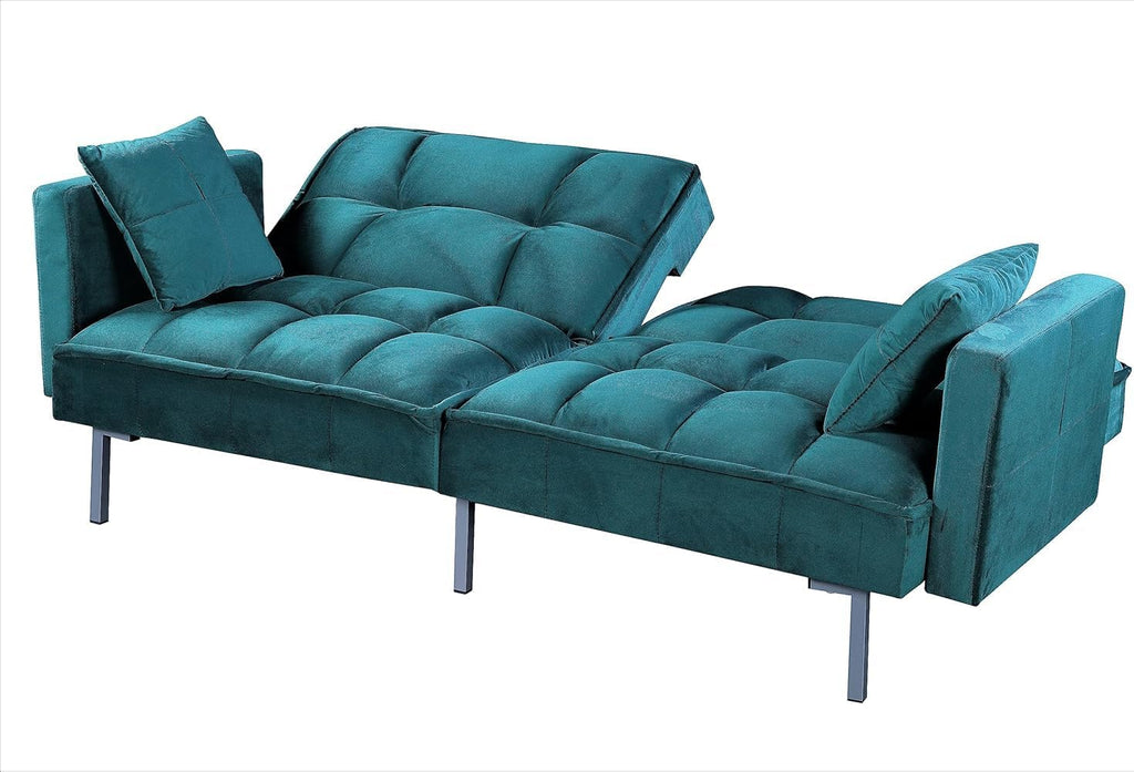Container Furniture Direct Regal 75.6' Velvet Convertible Sofa Bed - Mid-Century Sleeper Couch w/Tufted Design & Metal Legs - Pull-Out Futon for Guests/Home (75.6' W x 34.6' D x 32' H), Blue