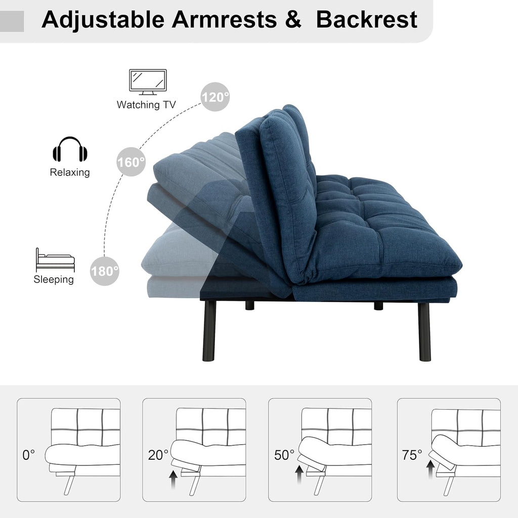 MUUEGM Futon Sofa Bed, 71' Comfortable Memory Foam Futon Sofa with Adjustable Backrest & Armrests,Convertible Folding Loveseat Recliner Sleeper Sofa Bed for Compact Living Room, Apartment, Office,Blue