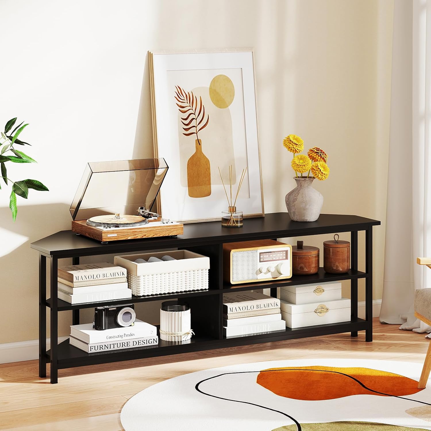 Giantex Corner TV Stand for 65 Inch TV, Modern Entertainment Center w/Power Outlet, Storage Shelves&Metal Frame, Media TV Console Table for Living Room, Bedroom, Small Spaces, Black