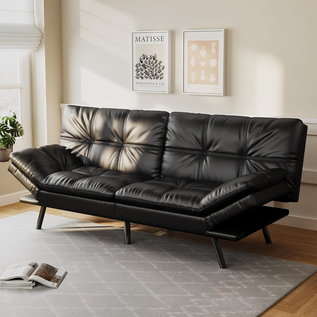 Opoiar 71' L Covertible Futon Sofa Bed,Faux Leather Futon Couch, Memory Foam Modern Loveseat Sleeper, Small Splitback Sofa Couches for Living Room,RV,Home Office,Apartment,Black